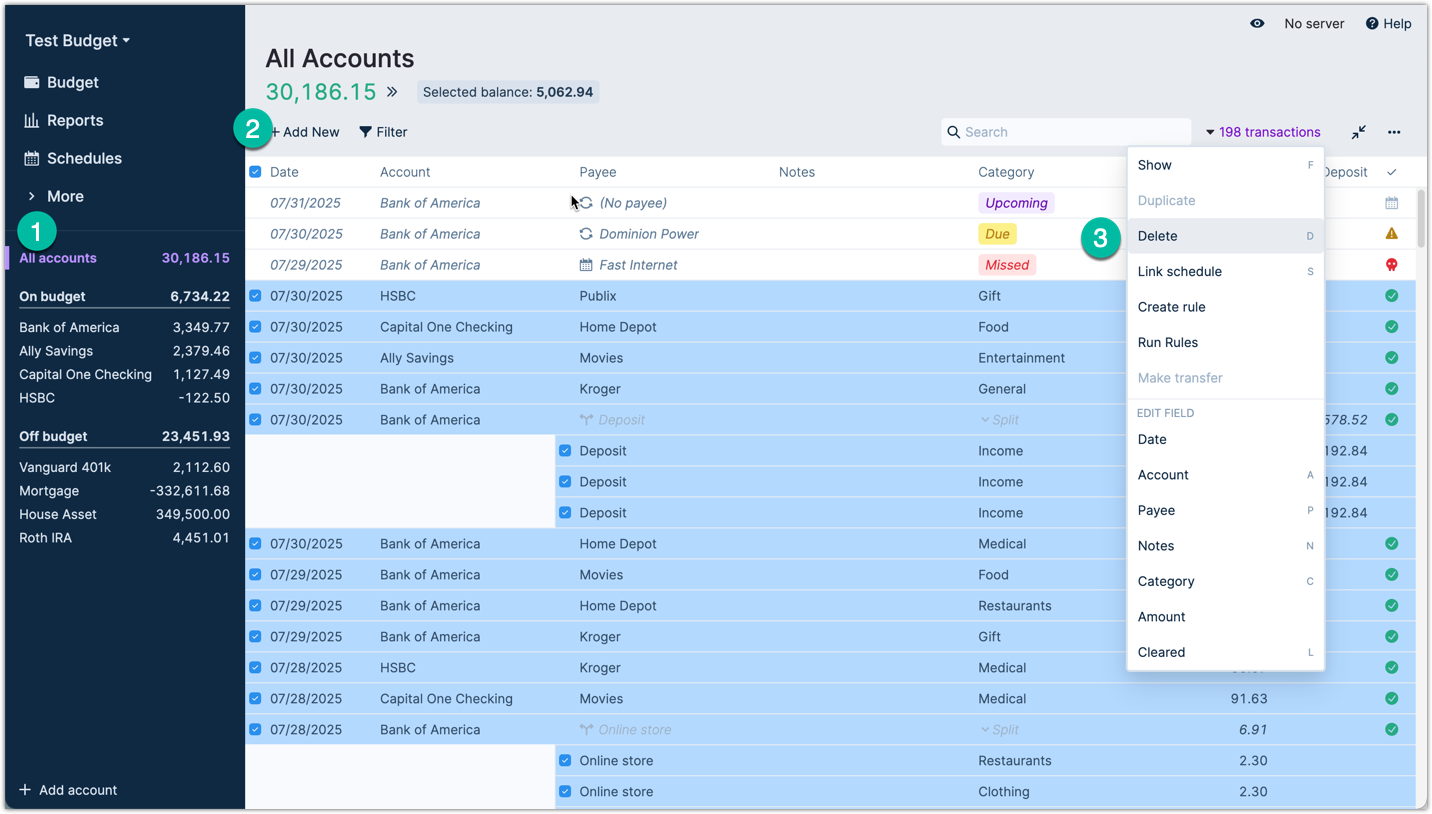 Steps for deleting all transactions