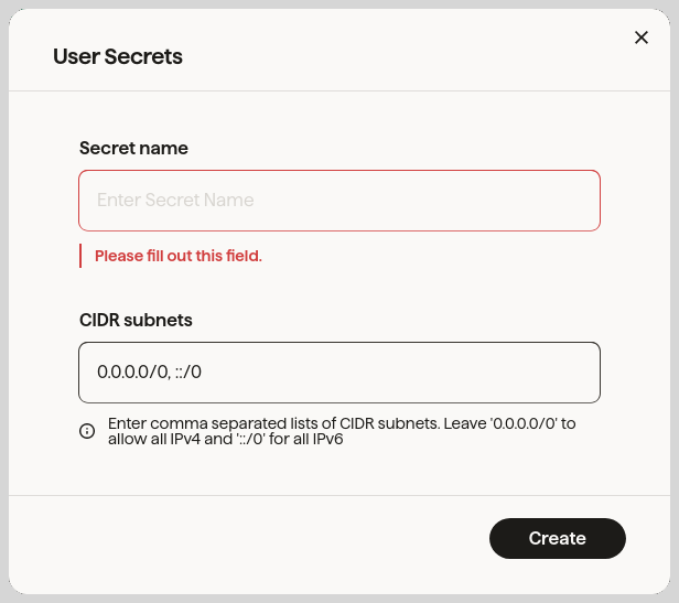 Screenshot of GoCardless form for creating new API secret