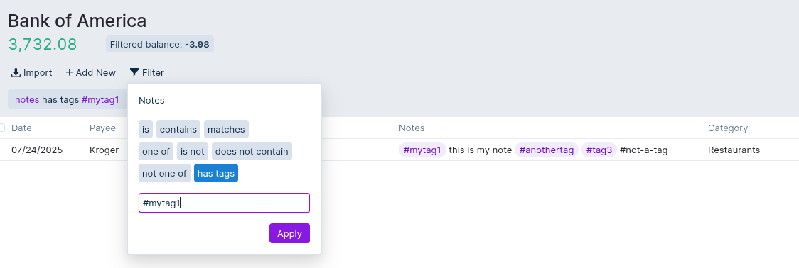 Tag based filter of transactions