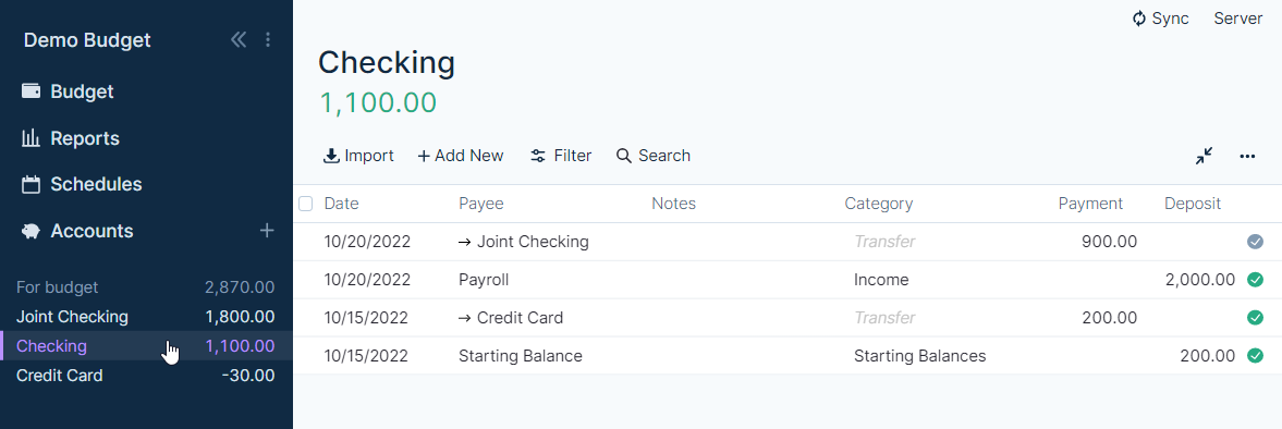Screenshot of joint accounts in a personal Actual Budget file