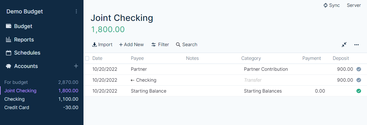 Screenshot of joint accounts in a personal Actual Budget file - option 1