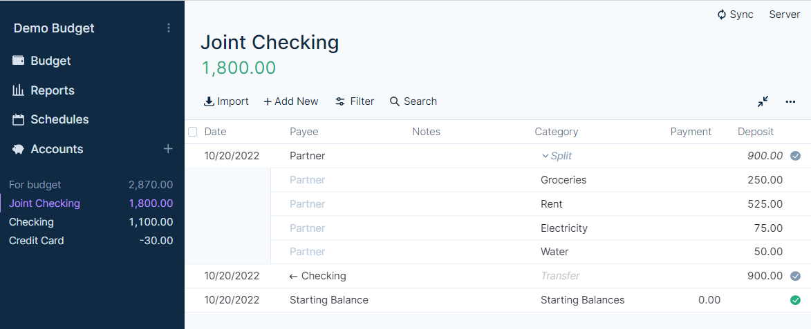 Screenshot of joint accounts in a personal Actual Budget file - option 2