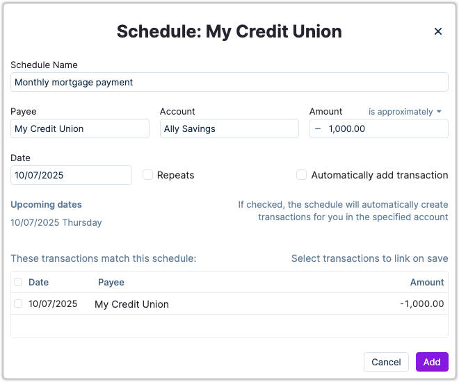 Example of adding a schedule for a mortgage