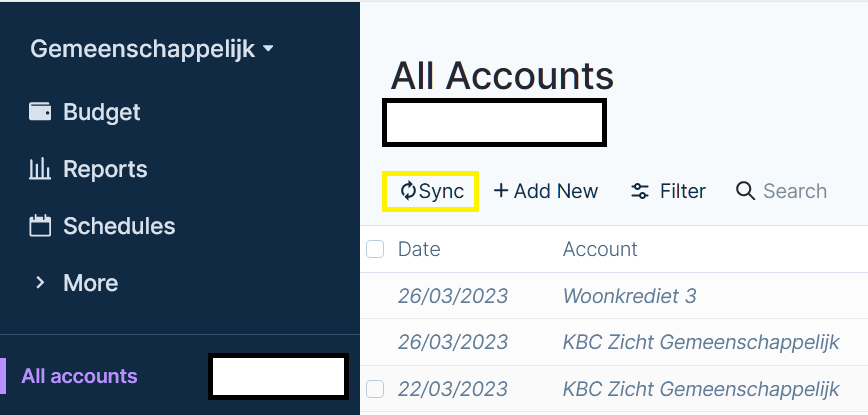 Image showing where in the GUI you can sync your bank accounts